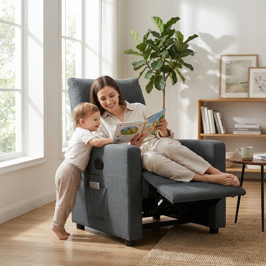 Mum reading to her child in dark grey fabric recliner