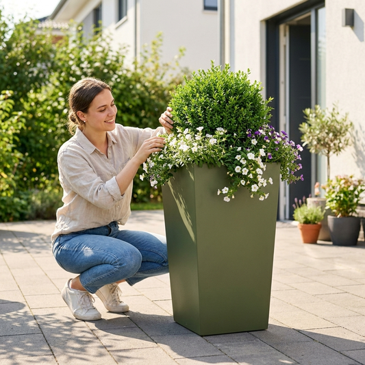 Steel garden planter on a patio, planted with flowers