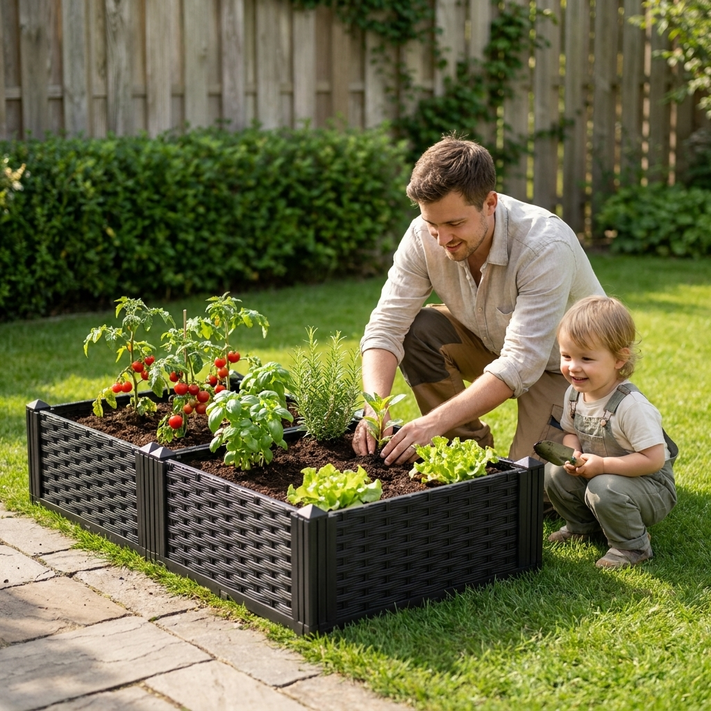 Modular rattan-look raised garden bed planted with vegetables