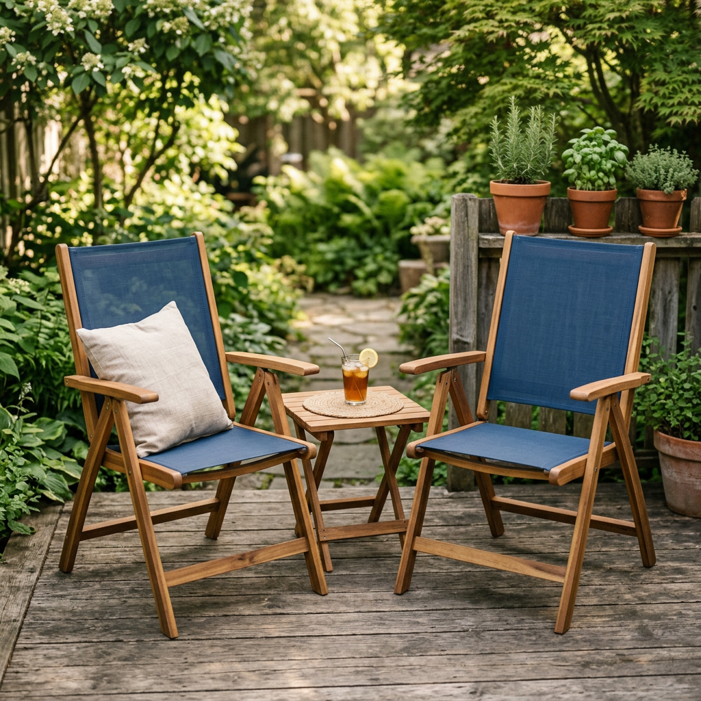 Folding acacia wood garden chairs with textilene seats on a garden deck patio