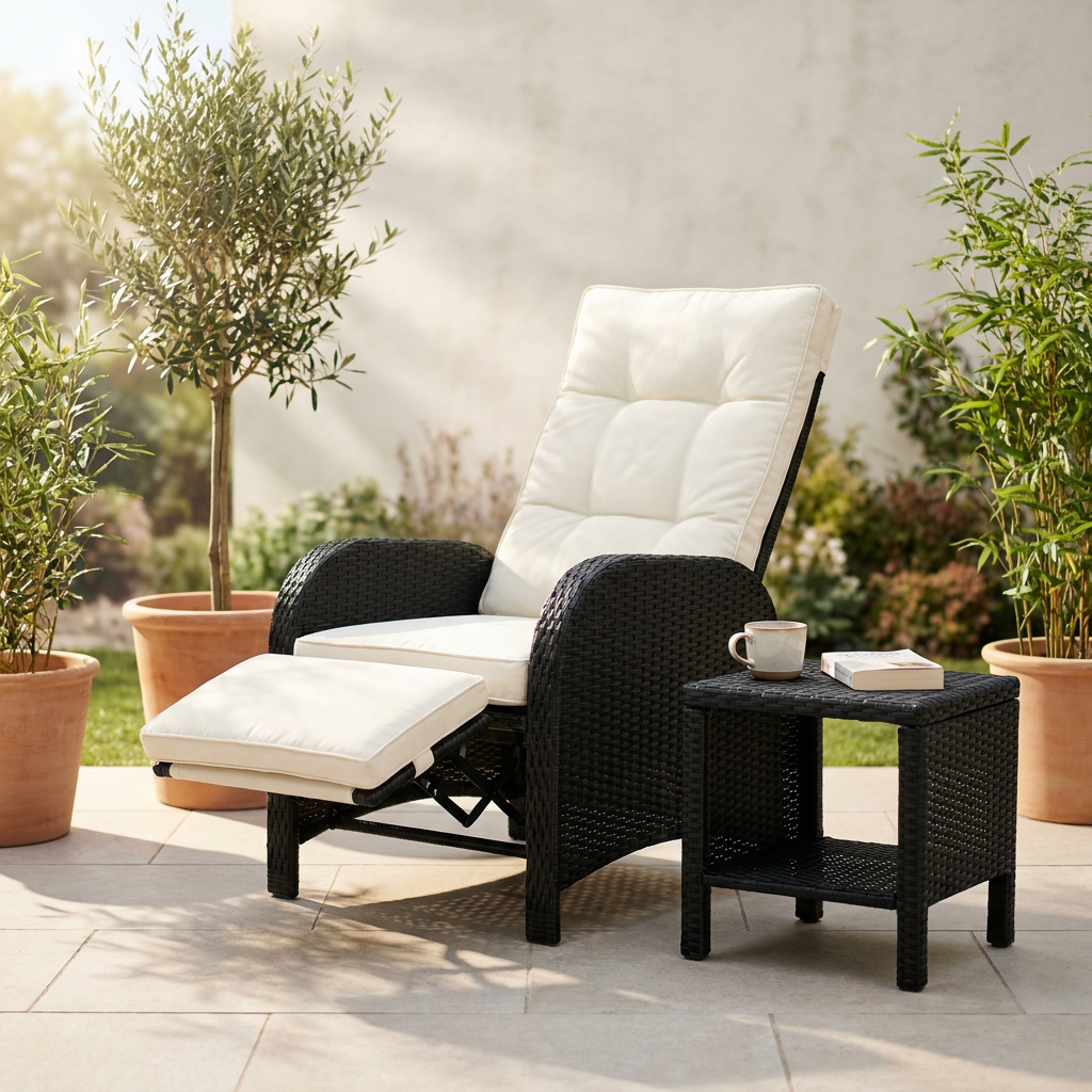 Reclining rattan patio chair with footrest and fold-out side table on a sunny patio