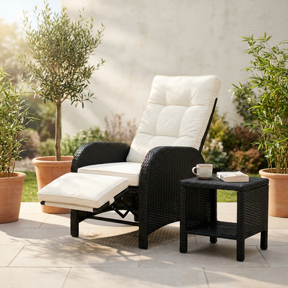 Reclining rattan patio chair with footrest and fold-out side table on a sunny patio