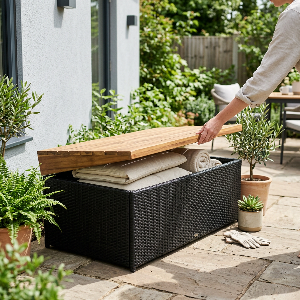 Rattan patio storage box with acacia wood lid being opened on a patio