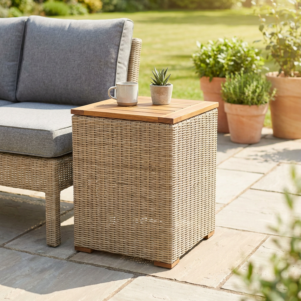 Rattan patio side table with acacia wood top beside an outdoor sofa on a garden patio