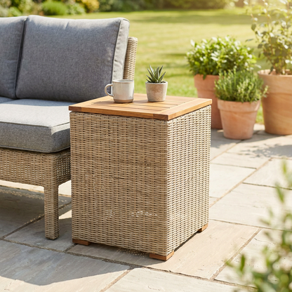 Rattan patio side table with acacia wood top beside an outdoor sofa on a garden patio