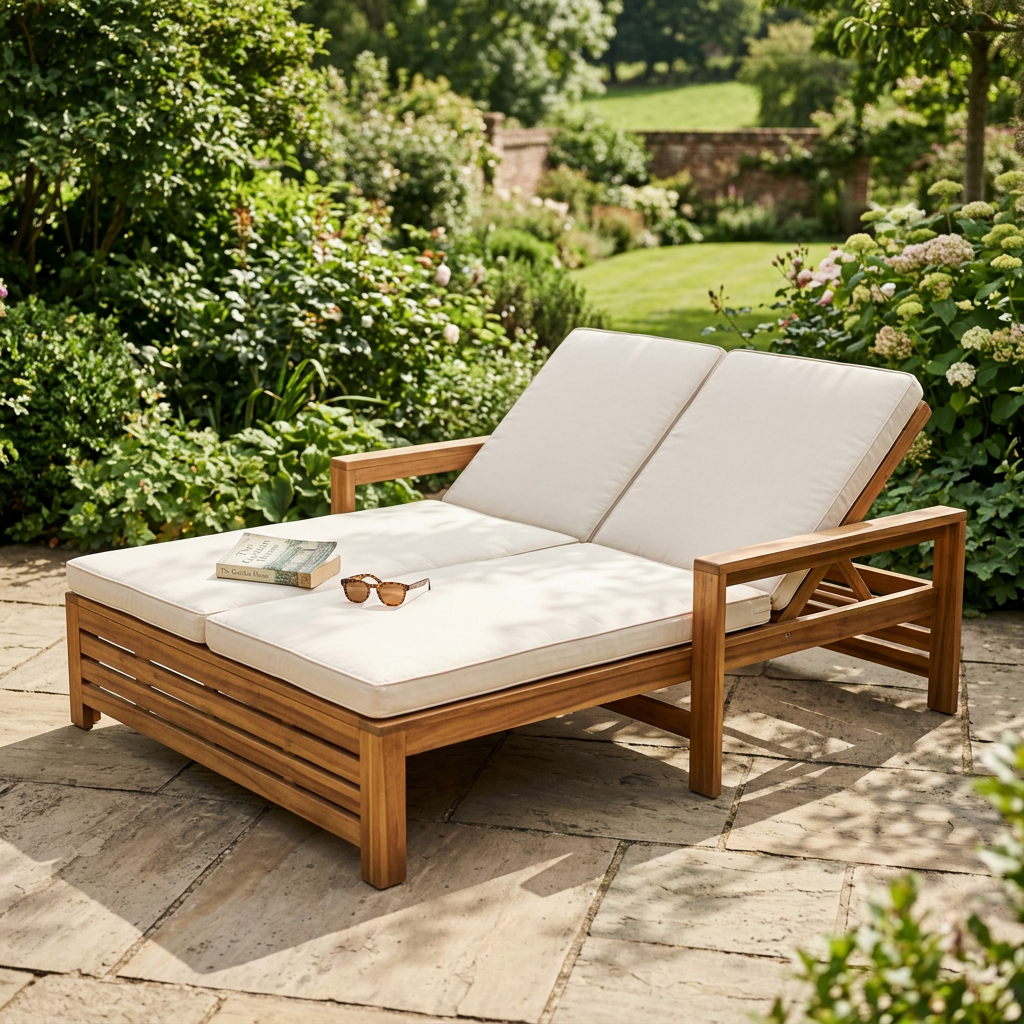 Solid acacia two-person sun lounger with cushions on a garden terrace