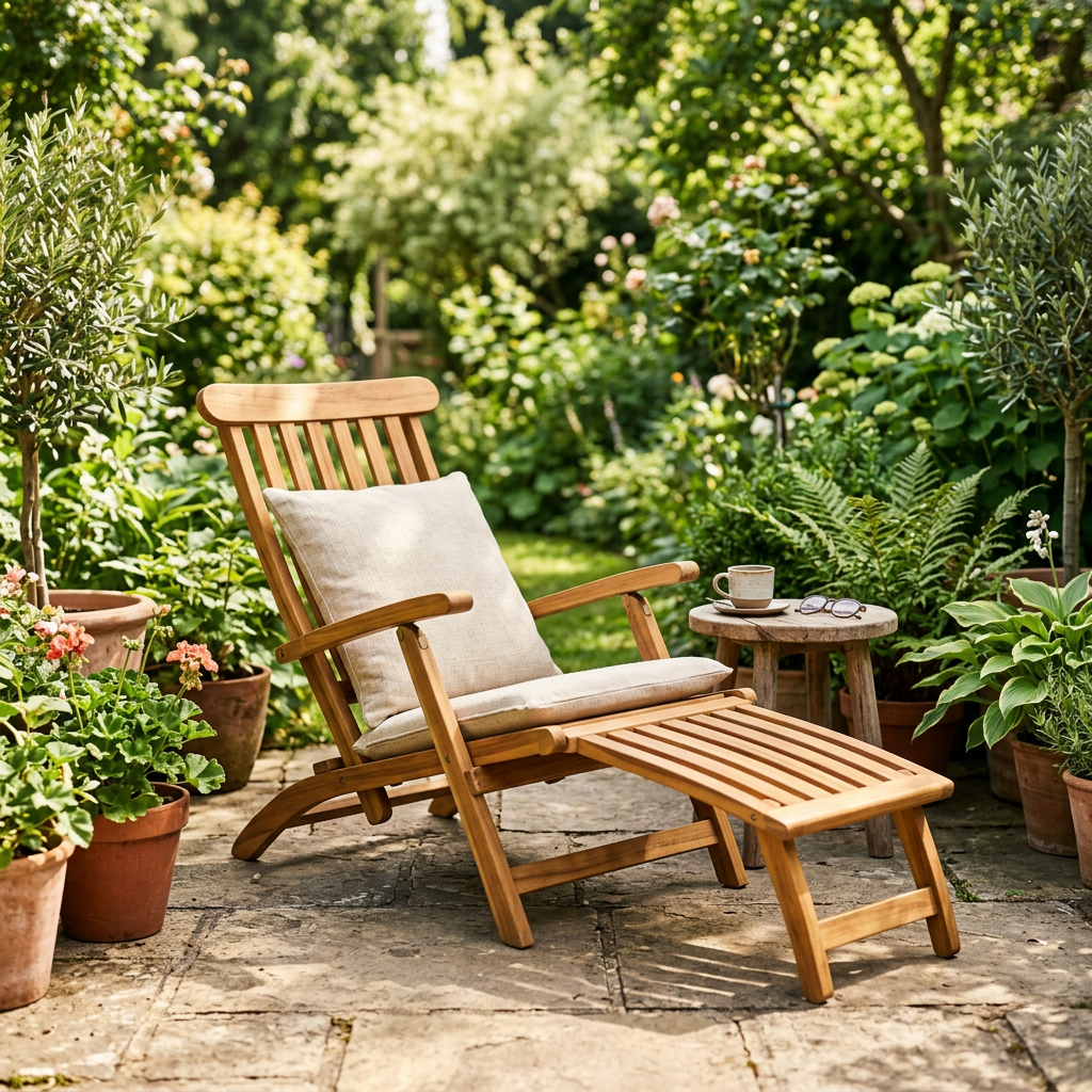 Solid acacia wood deck chair with extended footrest on a patio