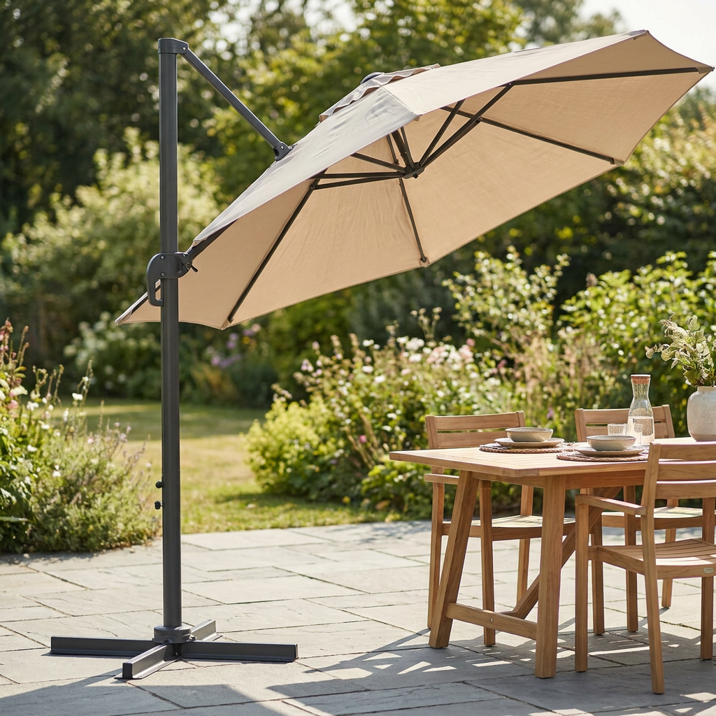 Cantilever garden parasol with steel pole shading a patio dining set