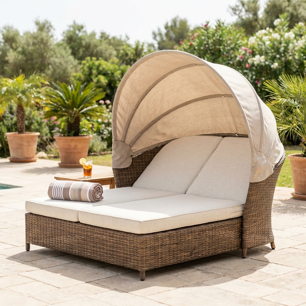 Handwoven rattan double sun lounger with canopy on a poolside terrace