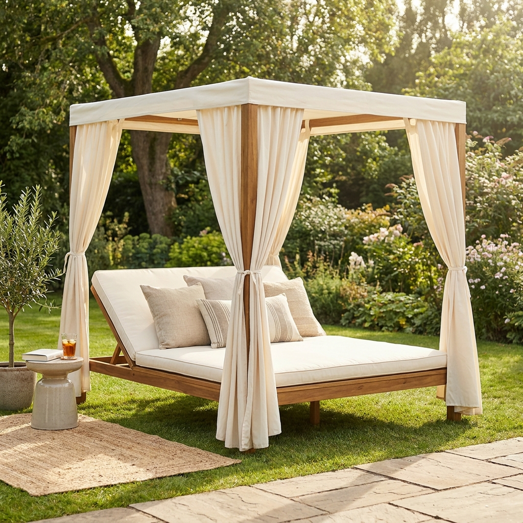 Solid acacia sun lounger daybed with canopy and curtains in a garden