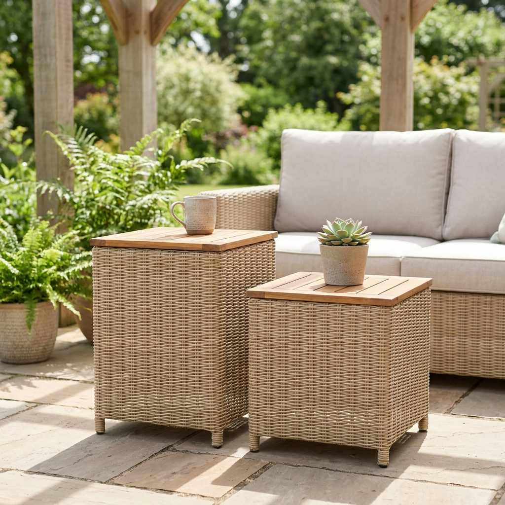 Pair of handwoven rattan side tables with wooden tops on a patio