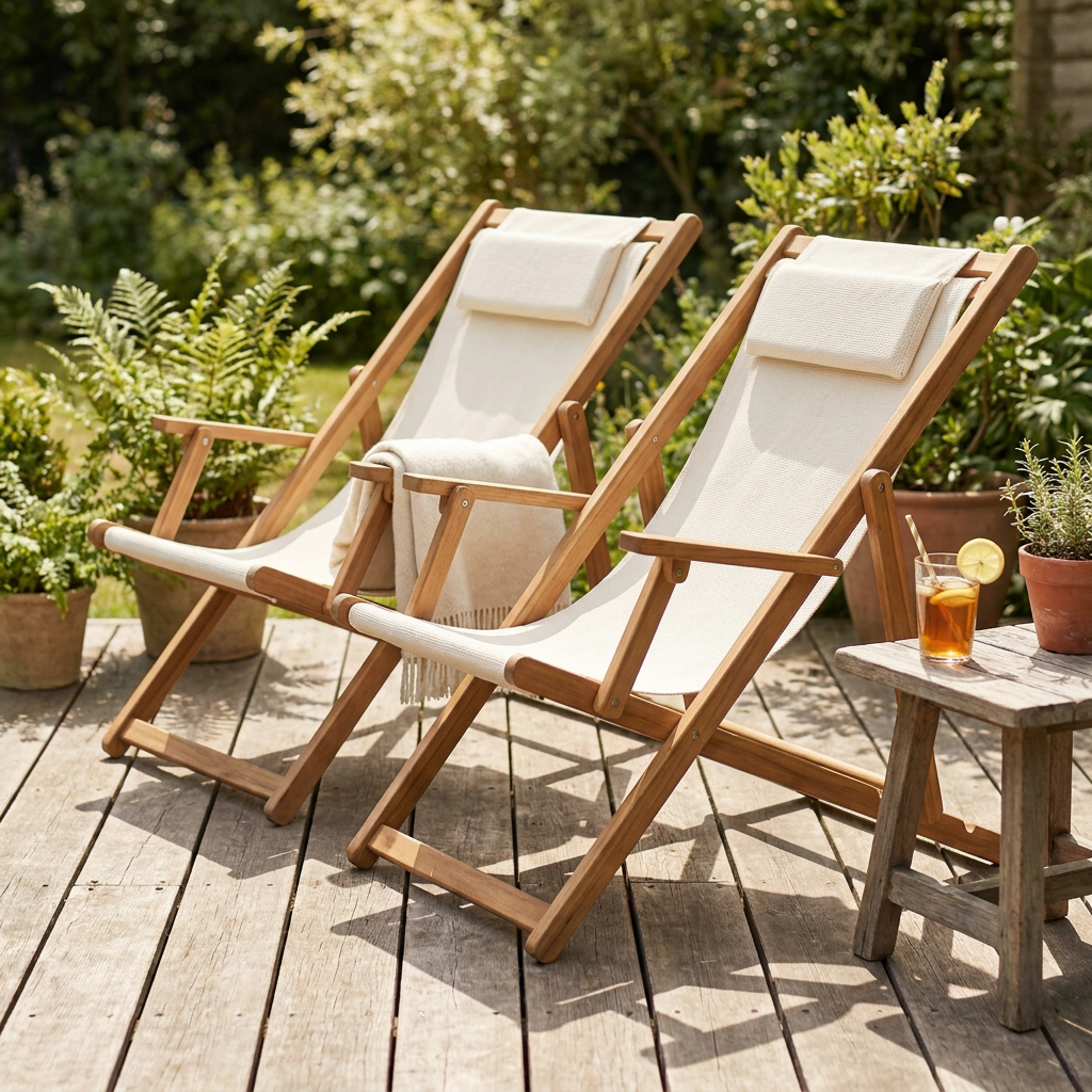 Pair of solid eucalyptus folding deck chairs on a garden deck