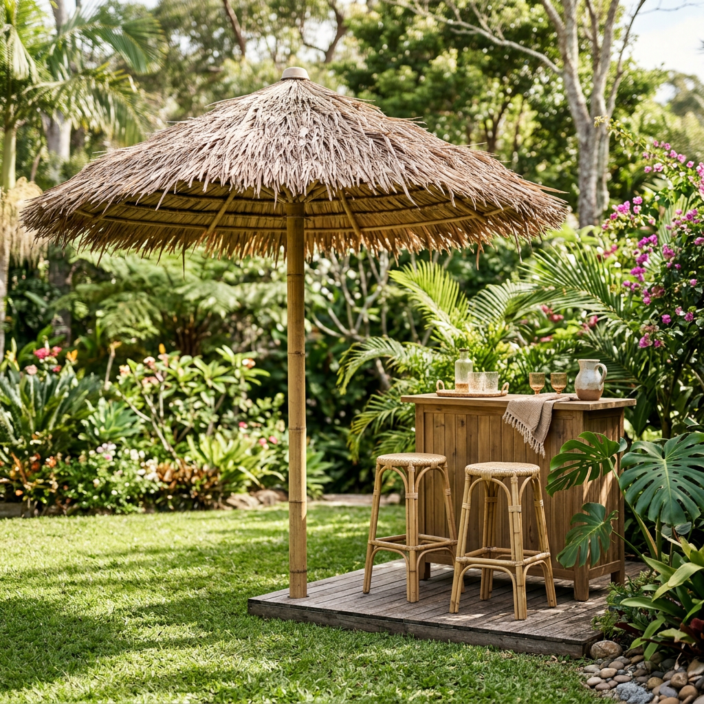 Natural bamboo garden parasol with banana leaf roof over a garden bar