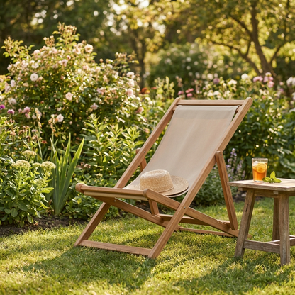 Solid eucalyptus three-position reclining deck chair on a garden lawn
