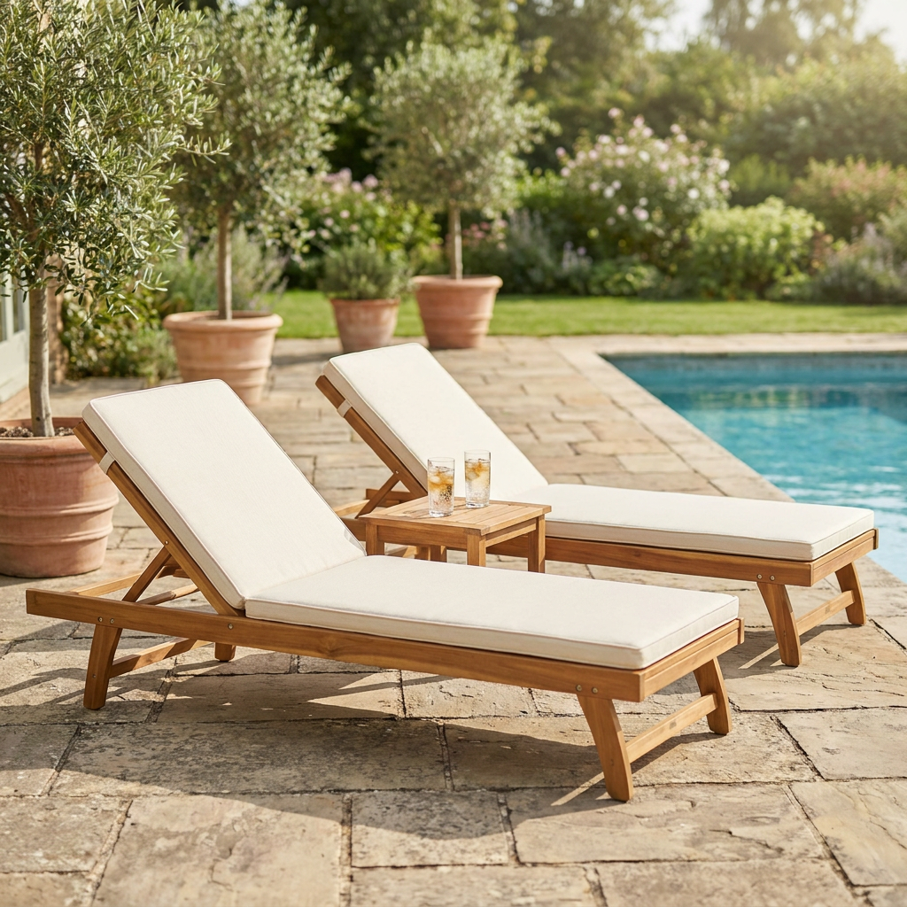 Three-piece solid acacia sun lounger set with tea table beside a pool