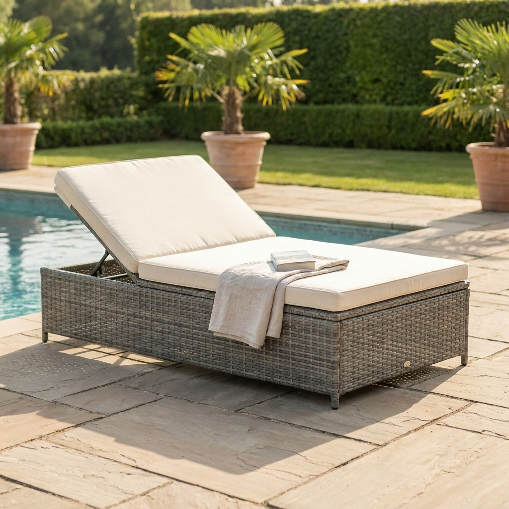 Handwoven rattan convertible sun bed with cushion on a poolside terrace