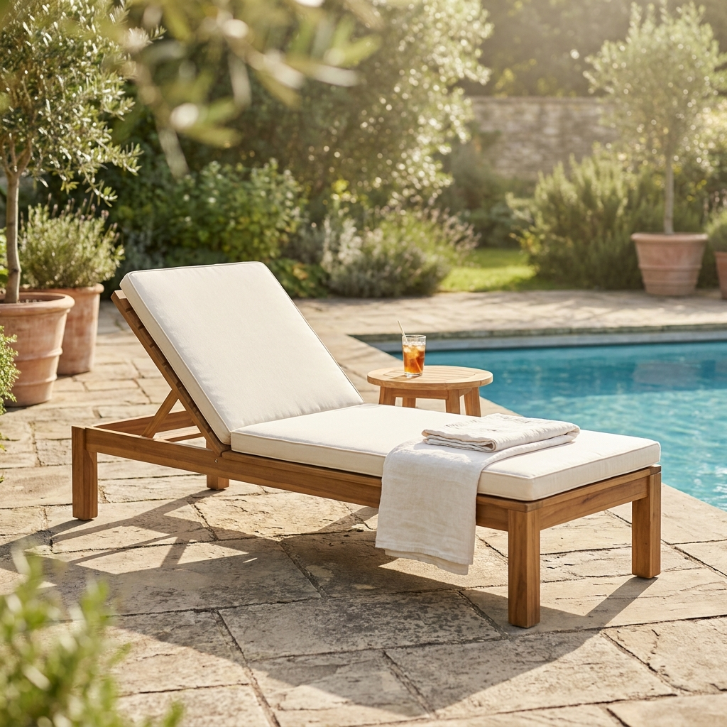 Solid acacia patio sun lounger with cushion and side table by a pool