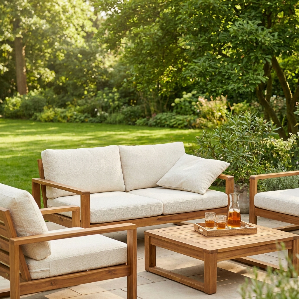Modular solid acacia garden lounge set with cushions on a terrace