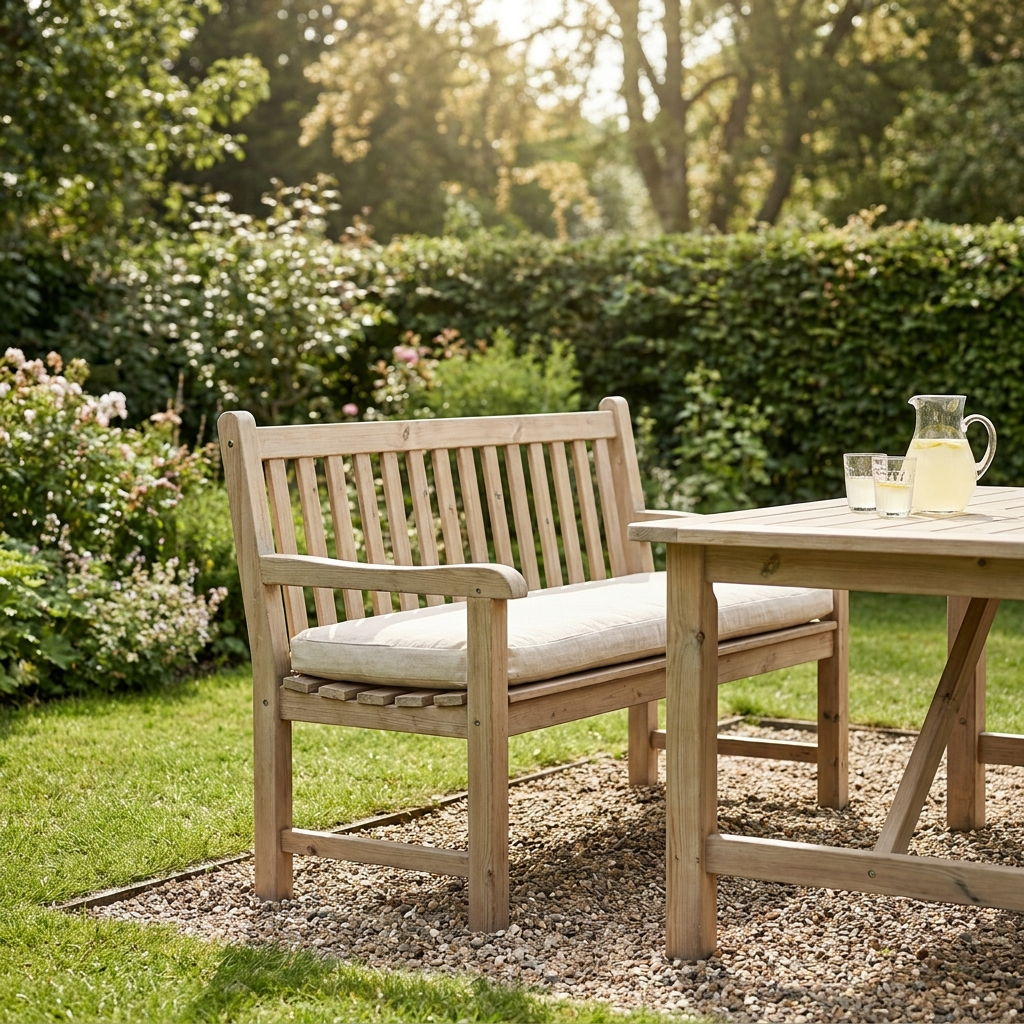 Solid spruce wood garden bench and table in a cottage garden
