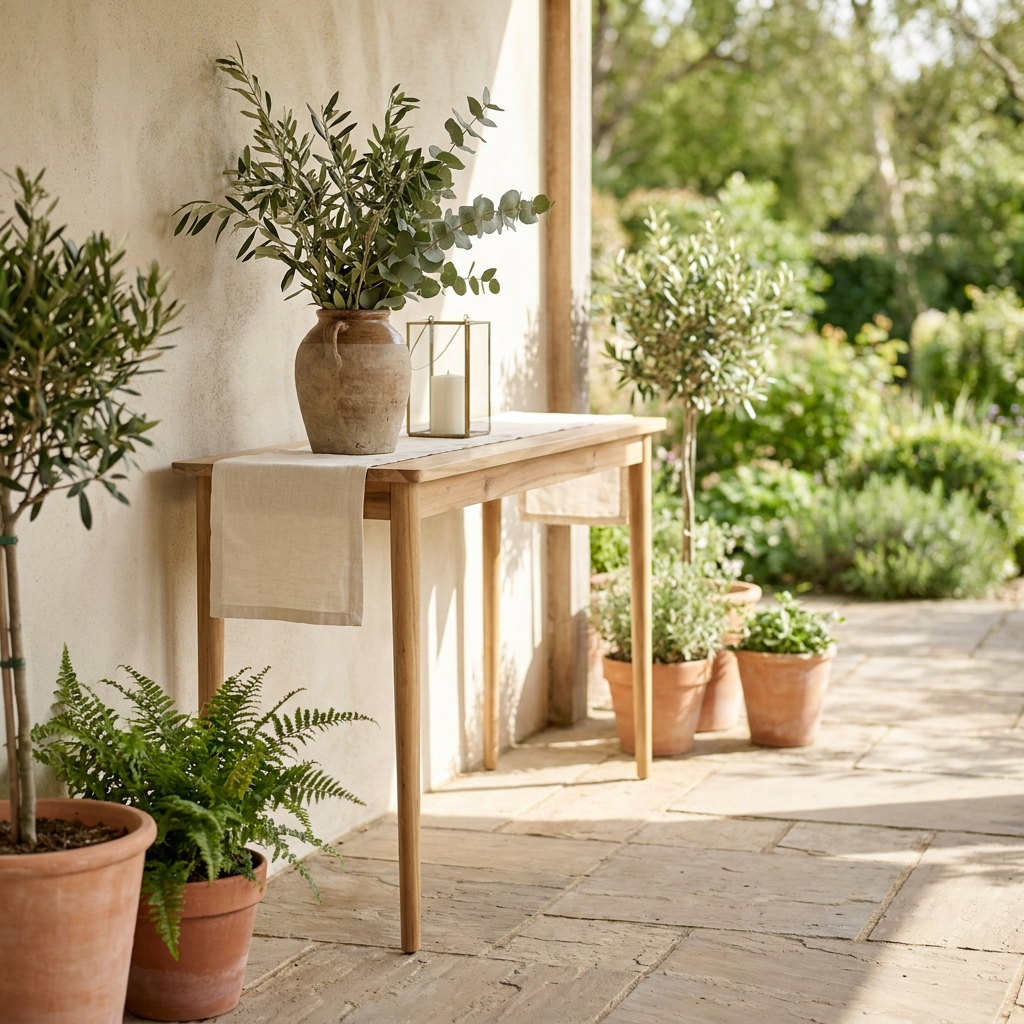 Solid acacia wood patio console table against a garden terrace wall