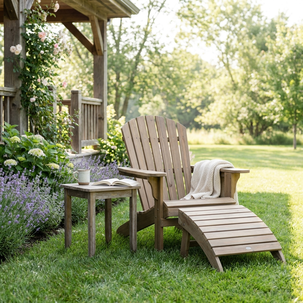 Solid fir wood Adirondack chair with ottoman and side table on a lawn