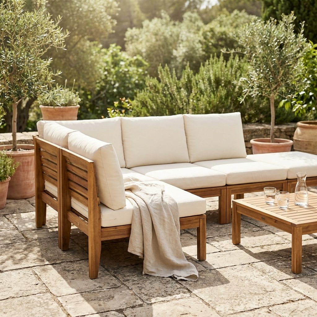 Modular solid acacia garden sofa units with cushions on a terrace
