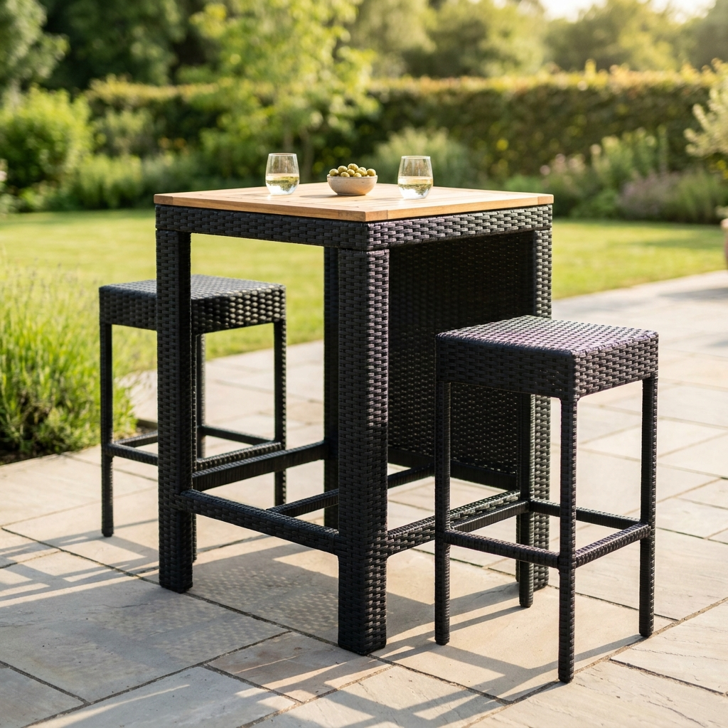Rattan and solid acacia garden bar table with stools on a patio
