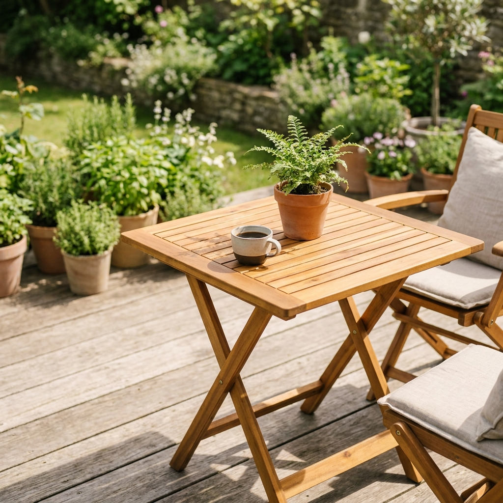 Folding solid acacia wood garden table on a sunlit deck