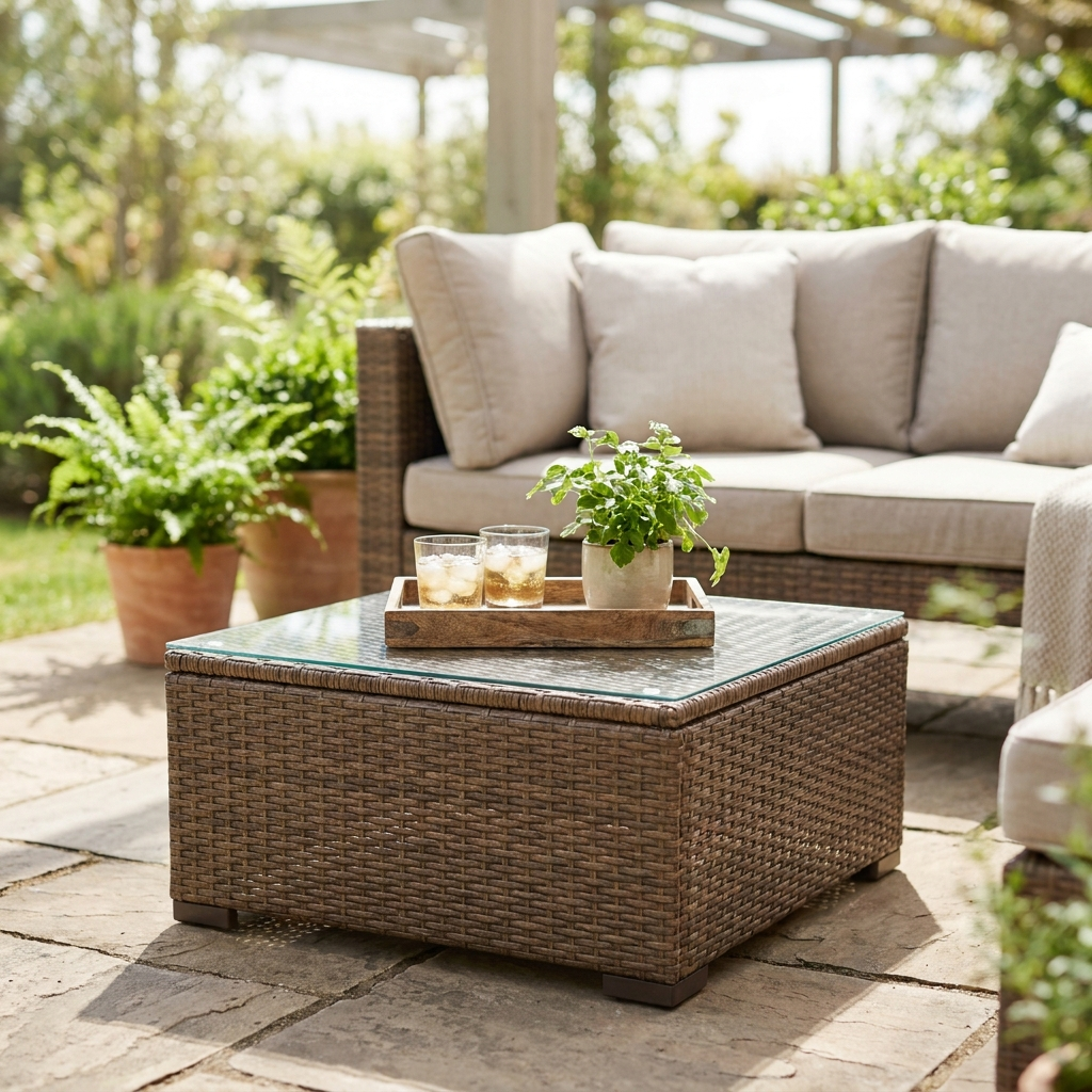 Handwoven rattan patio coffee table with glass top on a patio