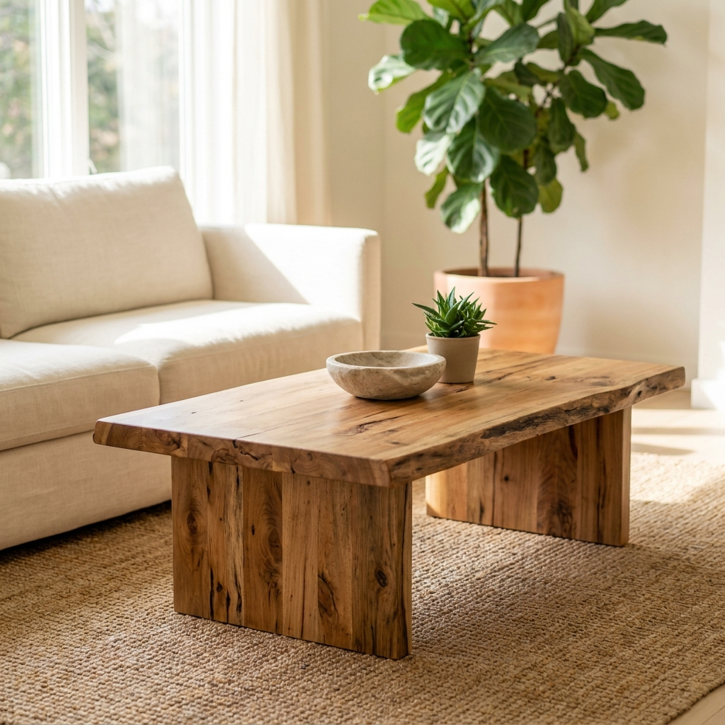 Solid reclaimed wood coffee table with live edge in a bright living room