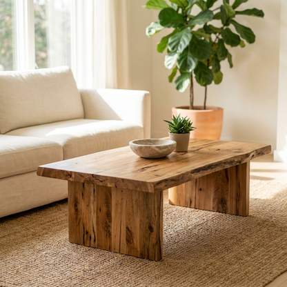 Solid reclaimed wood coffee table with live edge in a bright living room