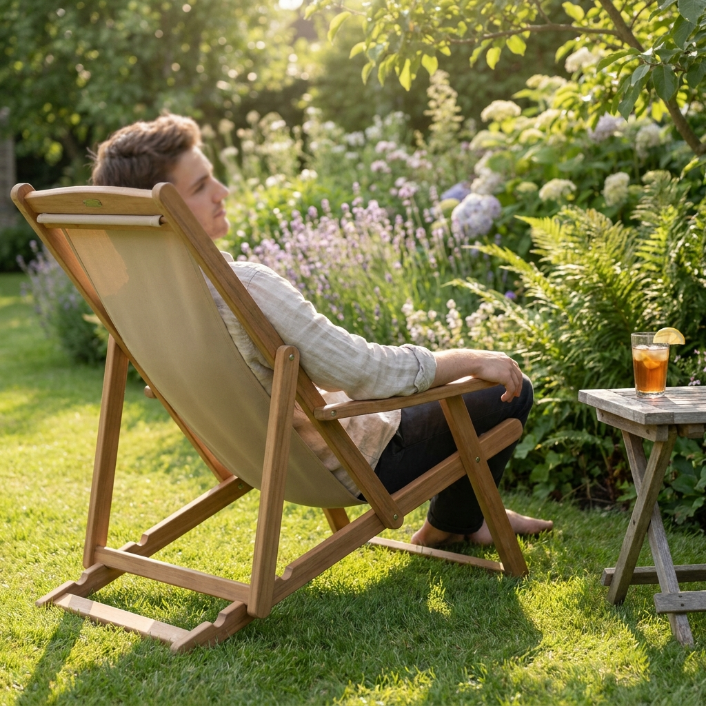 Man reclining in a solid eucalyptus three-position deck chair on a lawn