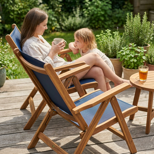 Mother and child relaxing on folding acacia garden chairs with textilene seats