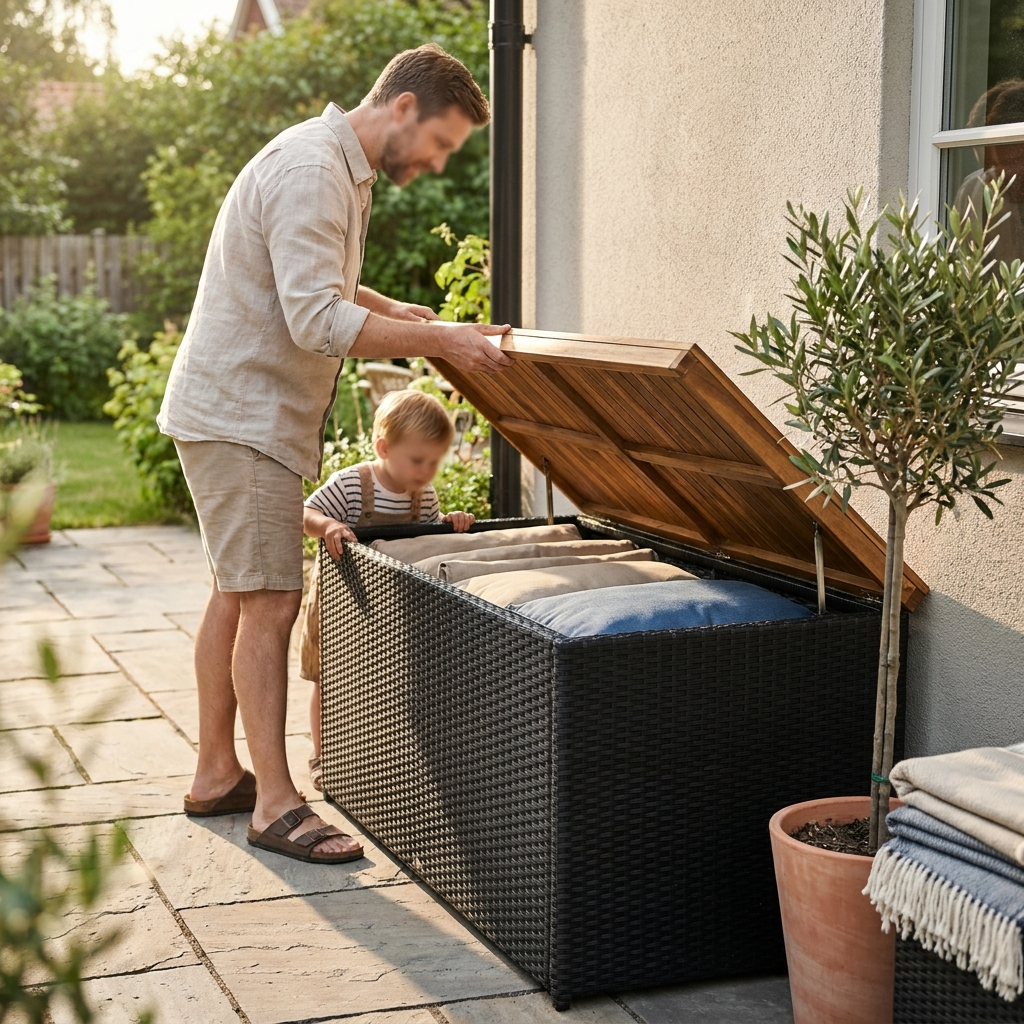 Father and child opening a rattan garden storage box with acacia lid