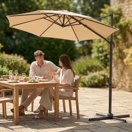 Couple dining in the shade of a cantilever garden parasol