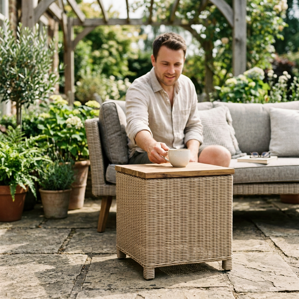 Father setting a coffee cup on a rattan patio side table with acacia top