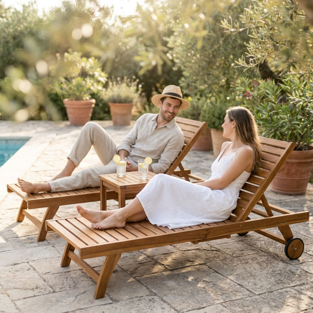 Couple relaxing on a three-piece acacia sun lounger set with tea table