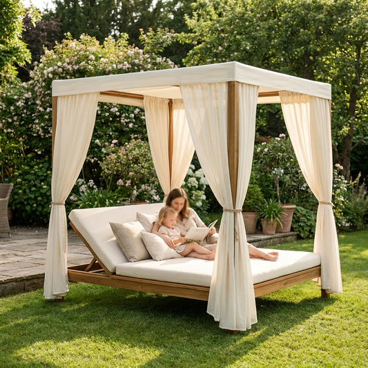 Mother and child resting on an acacia sun lounger with canopy and curtains