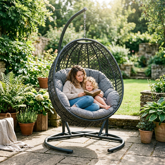 Mother and child sitting together in a rattan hanging egg chair with steel stand
