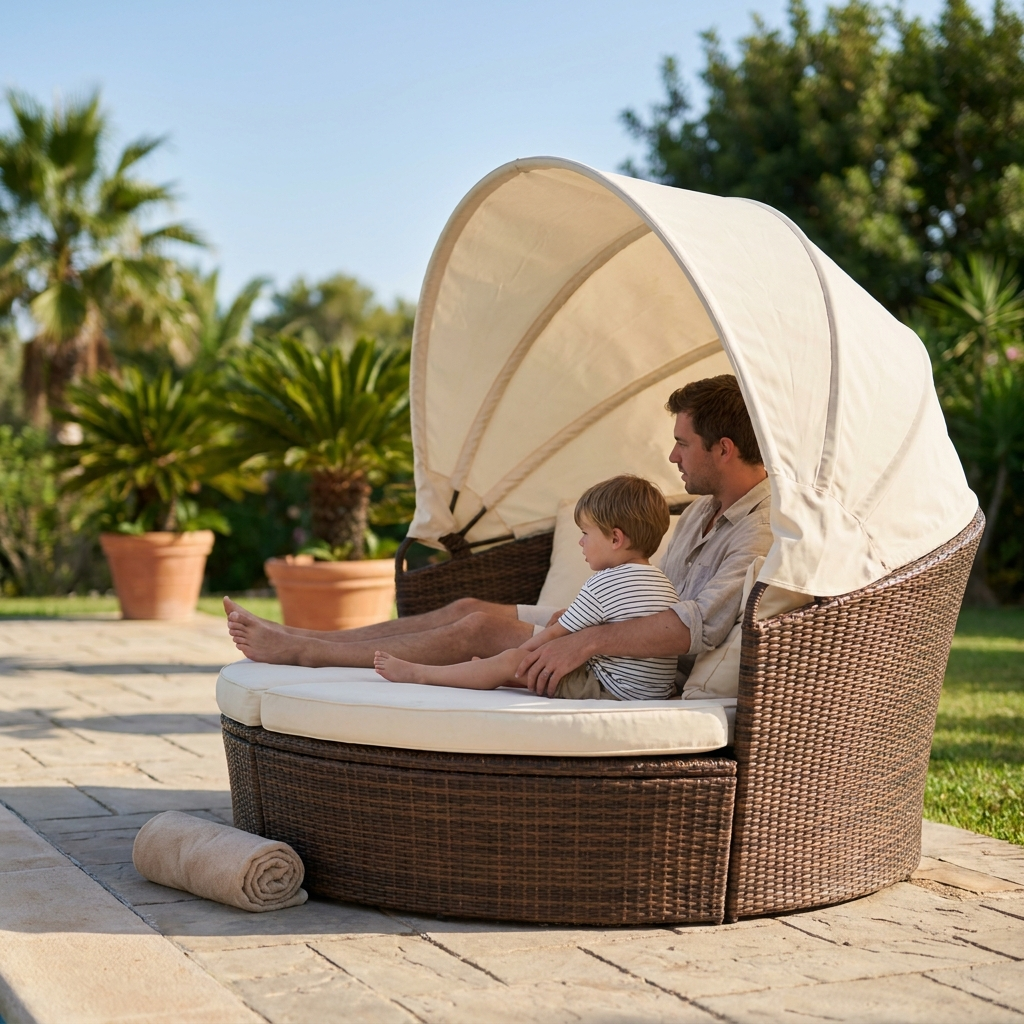 Father and child under the canopy of a rattan double sun lounger