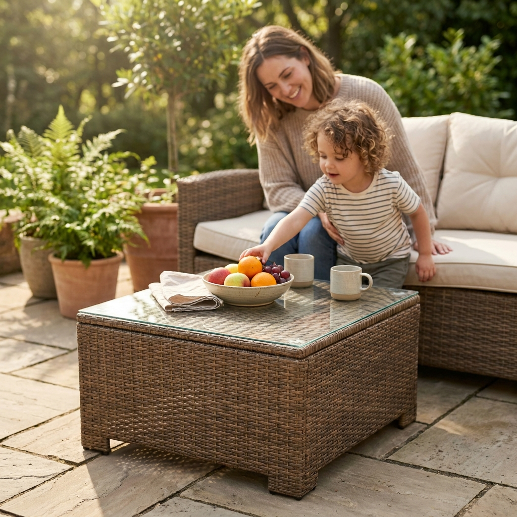 Mother and child at a rattan patio coffee table with glass top