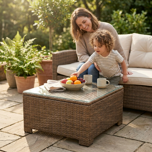 Mother and child at a rattan patio coffee table with glass top