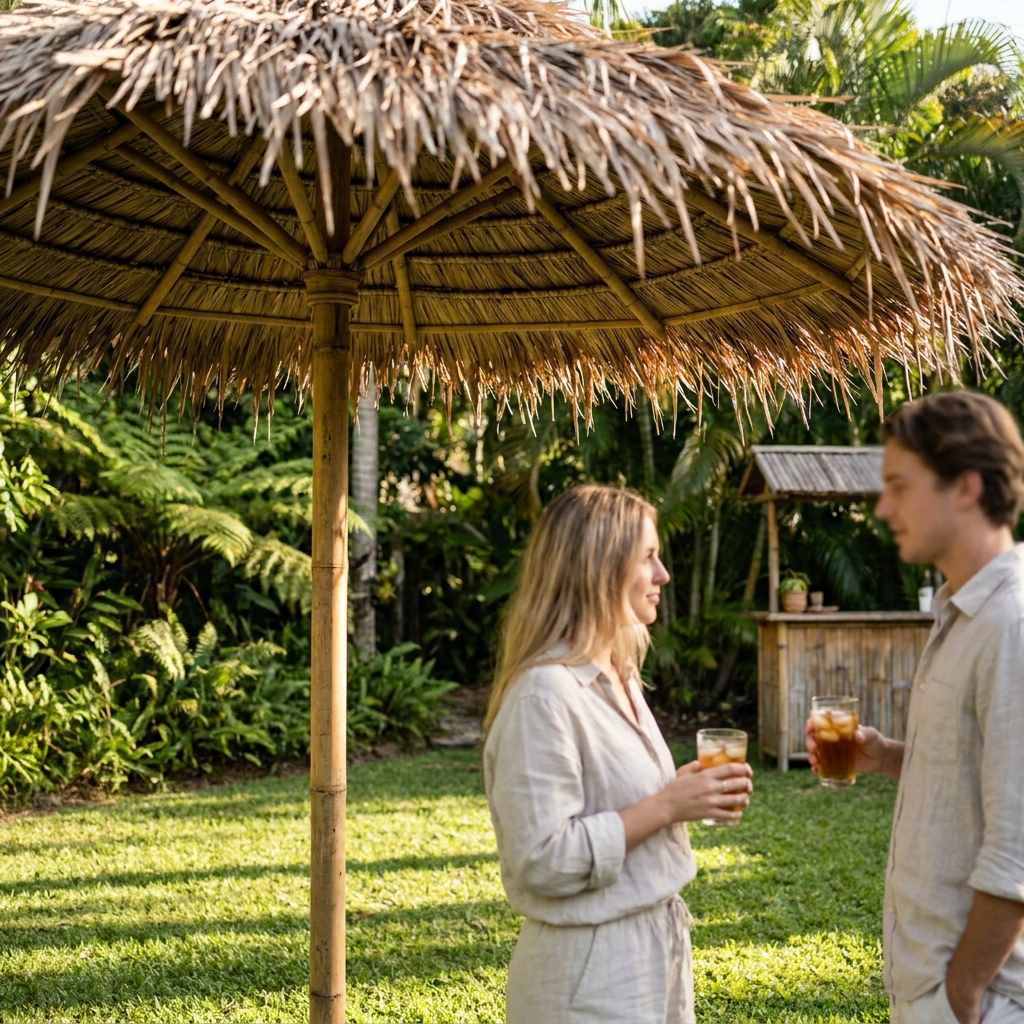 Couple under a bamboo garden parasol with banana leaf roof