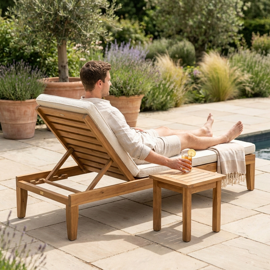 Man reclining on a solid acacia patio sun lounger with side table
