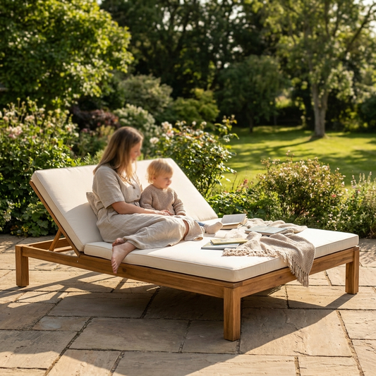 Mother and child on a solid acacia two-person sun lounger with cushions