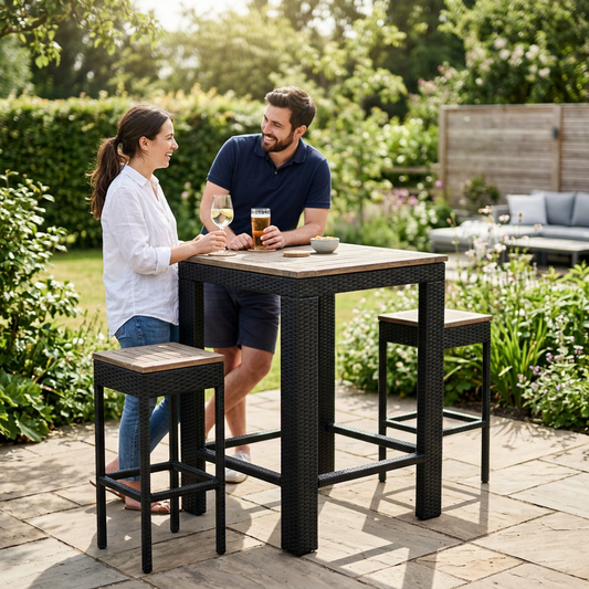 Couple standing at a rattan and acacia garden bar table with stools
