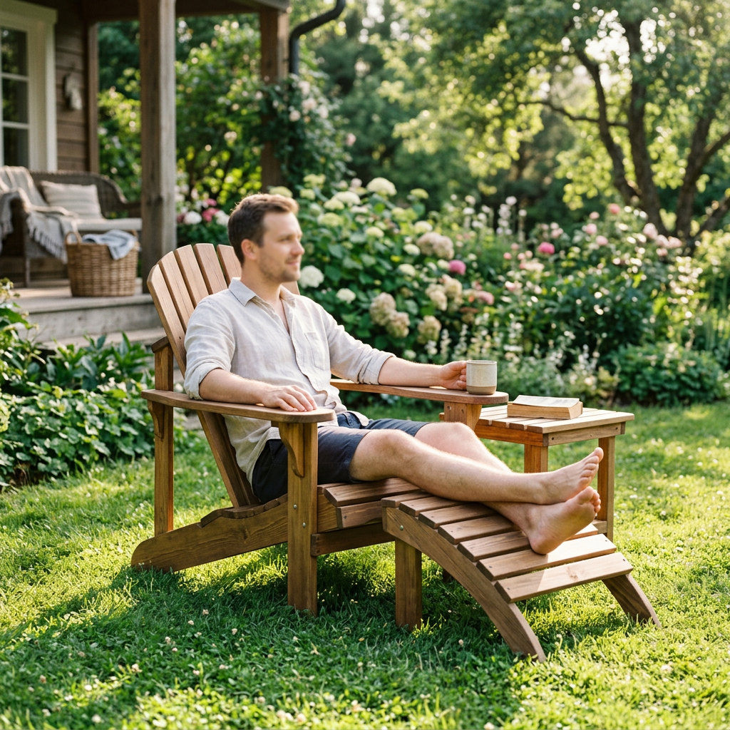 Man relaxing in a solid fir Adirondack chair with ottoman and side table