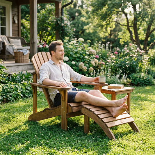 Man relaxing in a solid fir Adirondack chair with ottoman and side table