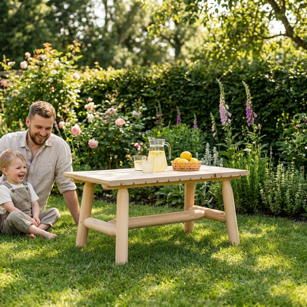 Rustic solid spruce garden coffee table with father and child on the lawn