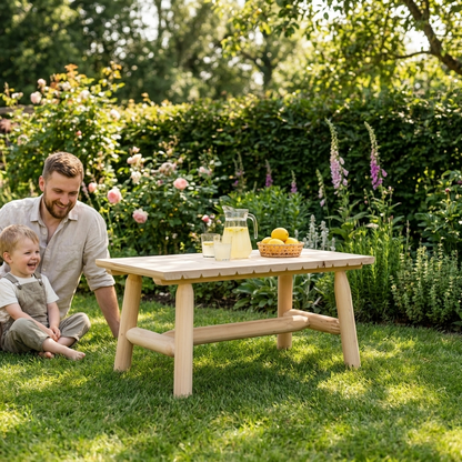 Rustic solid spruce garden coffee table with father and child on the lawn